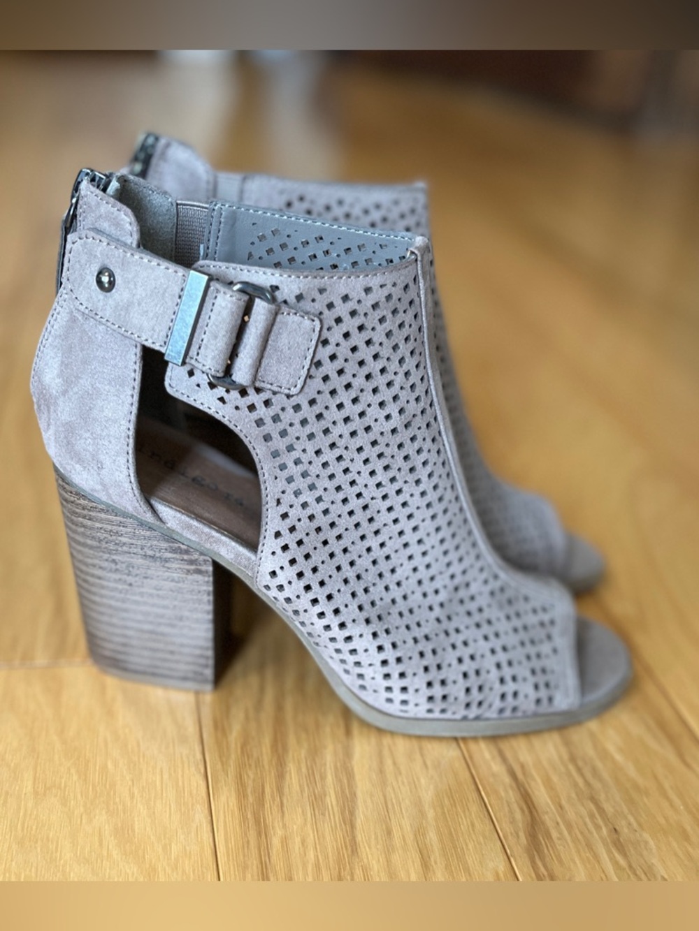 Indigo Taupe Perforated Suede Open-Toe Block Heel Booties